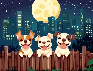 Wall Mural - Three dogs in the nighttime alley of a small street