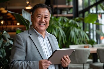 Wall Mural - Smiling Senior Man Using Digital Tablet In Restaurant