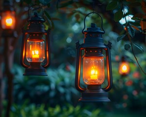 Canvas Print - Decorative Hanging Lanterns Illuminating a Dimly Lit Garden in the Summer Evening