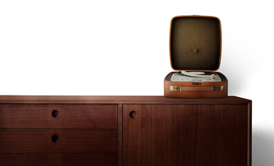 Canvas Print - Vinyl record player on wooden sideboard