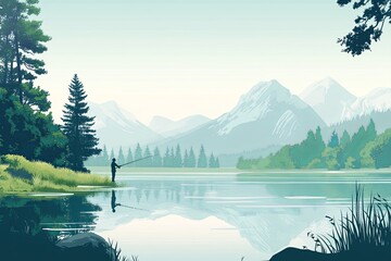 Wall Mural - A man is fishing in a lake surrounded by mountains