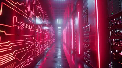 Poster - high-tech data center corridor bathed in red light with circuit patterns illuminating the walls