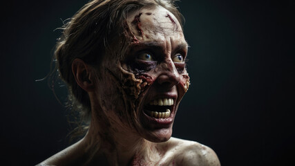 A horrifying close-up of a zombified woman's face with decaying flesh and a terrifying expression against a dark background, highlighting fear and horror.