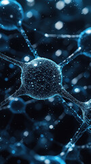 Poster - A close up of a blue and white image of a cluster of small spheres. The spheres are connected to each other and appear to be floating in space. The image has a dreamy, ethereal quality to it