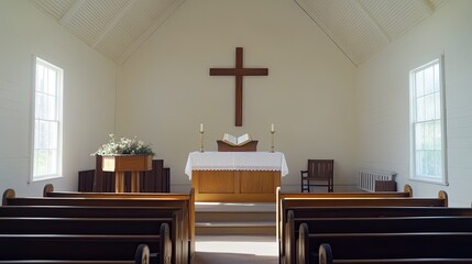 The interior of a Protestant church featuring simple decor, a wooden cross, and an open Bible on the altar.