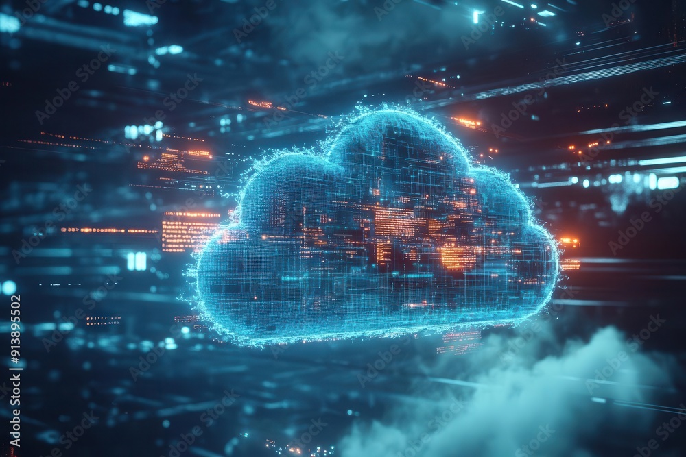 futuristic holographic cloud computing interface floating in a hightech ...