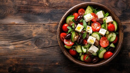 Top view of a Greek salad with feta cheese, olives, cucumber, and ripe tomatoes on a rustic wooden table, fresh and appetizing.