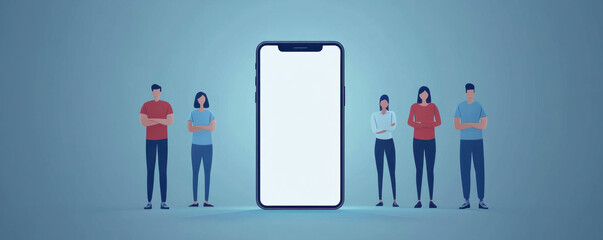 Poster - A group of people stand around a cell phone with a white screen. The people are all looking at the phone, and it seems like they are discussing something important. Scene is serious and focused
