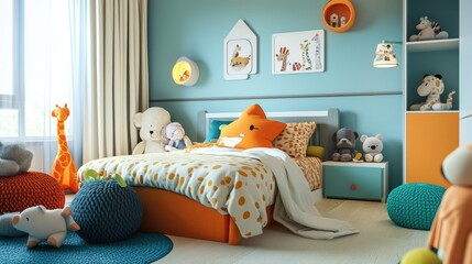 A child bedroom with a colorful bed, stuffed animals, and playful decor, creating a cheerful atmosphere.