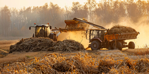 two tractors working in a field during harvest, one tractor is dumping hay into a truck