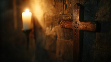 A close-up of a wooden cross hanging on a church wall, with soft candlelight illuminating it.