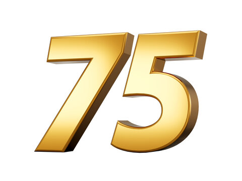 Gold number 75 Seventy Five isolated white background. shiny 3d number made of gold 3d illustration

