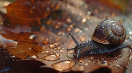 Snail on wet leaf after rainfall
