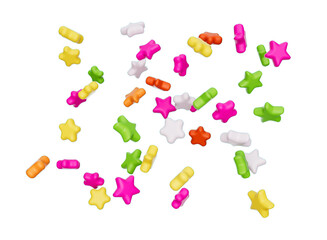 Star Shape colorful candies falling fly on white background 3d illustration
