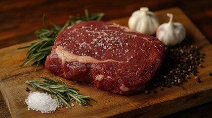 Raw beef steak on a wooden board, surrounded by fresh rosemary, garlic cloves, black peppercorns, and sea salt, ready for seasoning.