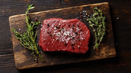 Raw beef steak seasoned with salt and pepper, surrounded by fresh herbs like rosemary and thyme, on a dark wooden board.