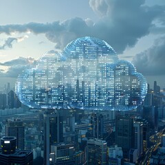 Poster - futuristic cloud of binary code hovering above cityscape digital transformation and innovation conce