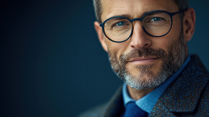 Wall Mural - A man with glasses is smiling and looking at the camera. He is wearing a blue shirt and a tie