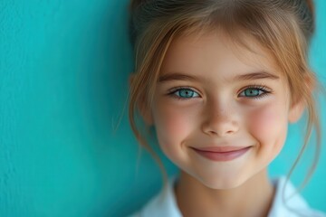 joyful schoolgirls portrait radiant smile against azure background youthful exuberance captured educ