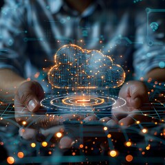 Poster - Businessperson Interacting with Futuristic Cloud Computing Interface for Digital Transformation