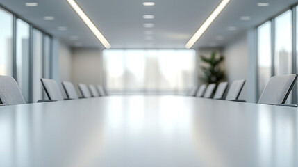 Poster - A large conference room with a long table and chairs. The room is empty and the table is covered with a white cloth