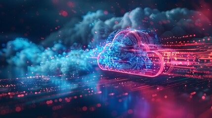 Poster - futuristic digital cloud with glowing data streams representing cloud computing and storage technolo