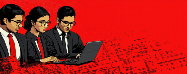 Poster - Three people are sitting in front of a laptop, working together. Concept of collaboration and teamwork, as the individuals are focused on their task. The red background adds a bold