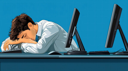 Poster - A man is sleeping on a desk with two computer monitors. The man is wearing a white shirt and a tie
