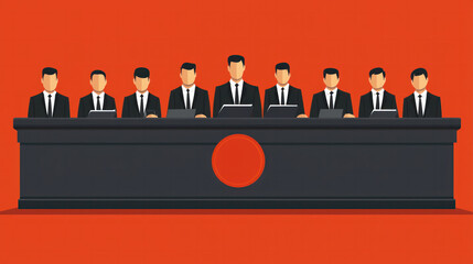 Poster - A group of men in suits sit behind a table with a red circle in the middle. The men are all wearing ties and appear to be in a formal setting