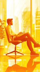 Poster - A man is sitting in a chair with a laptop in front of him. The image is a representation of the idea of working or studying in a modern office setting