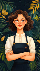 Poster - A woman with a blue apron and a smile on her face. She is standing in front of a green background with leaves