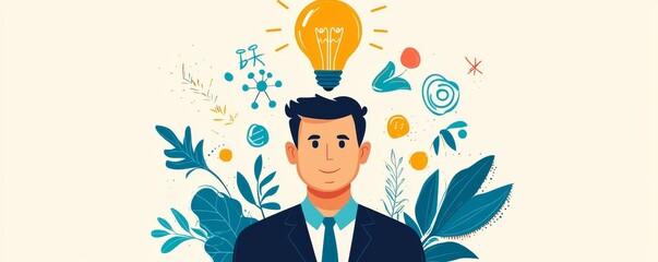 Wall Mural - Man in a suit with a glowing light bulb above his head, surrounded by plants and creative icons