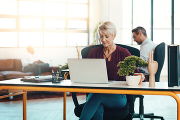 Aufkleber - business, mature woman and laptop in office for creative design, email and information of project de