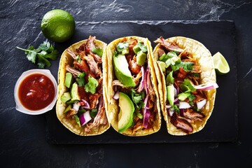 Wall Mural - mexican pork carnitas tacos flat lay composition , ai