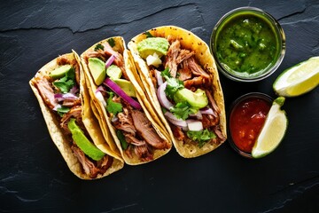 Wall Mural - mexican pork carnitas tacos flat lay composition , ai