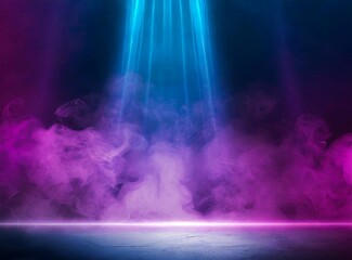 Poster - The dark stage shows, empty dark blue, purple, pink background, neon light, spotlight.