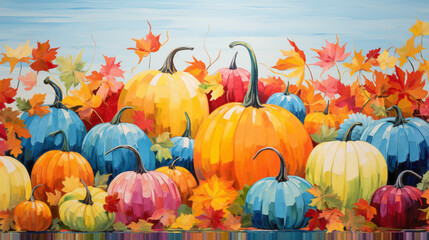 Sticker - Cheerful Autumn Harvest With Colorful Pumpkins And Falling Leaves