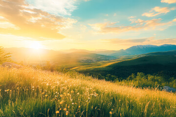 Wall Mural - a beautiful, sunlit field with a clear blue sky