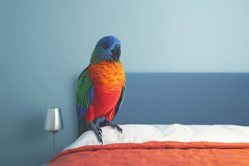 Wall Mural - A colorful parrot perched on a white pillow