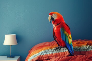 Wall Mural - A colorful parrot perched on a white pillow