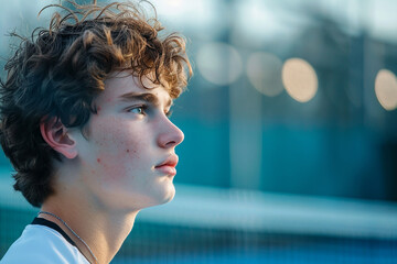 Canvas Print - Closeup Generative AI portrait of focused sportsman sportswoman at tennis court practicing preparing for contest