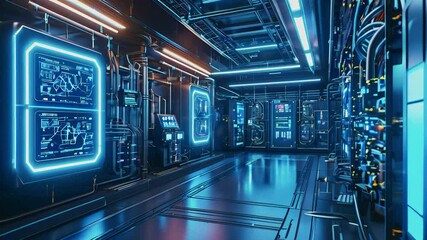 Poster - Explore a high-tech control room filled with neon lighting, elaborate screens, and advanced technological equipment in a futuristic environment