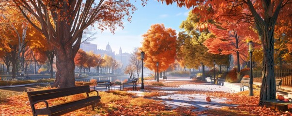 Canvas Print - Urban park with autumn colors, 4K hyperrealistic photo