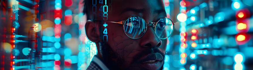 Poster - AI cyber security threat analyst illustration, black african american IT specialist, artificial intelligence technology collage