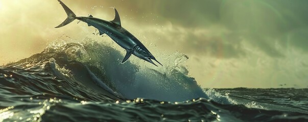 Wall Mural - Sleek marlin leaping from the water, 4K hyperrealistic photo