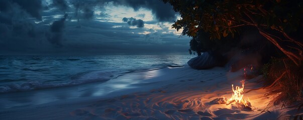 Wall Mural - Secluded beach at night with a bonfire illuminating the sand, 4K hyperrealistic photo