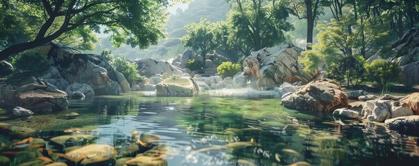 Canvas Print - Scenic river with rocks and trees, 4K hyperrealistic photo