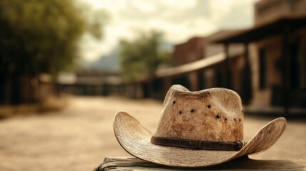 A cowboy hat is sitting on a wooden table in a deserted area