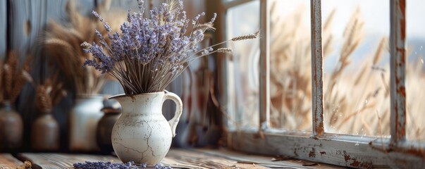 Wall Mural - Rustic arrangement of dried lavender and wheat stalks in a vintage milk jug, 4K hyperrealistic photo