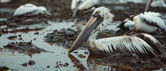 A solitary pelican stands in a muddy marsh, its feathers and beak detailed against the earthy and waterlogged background.